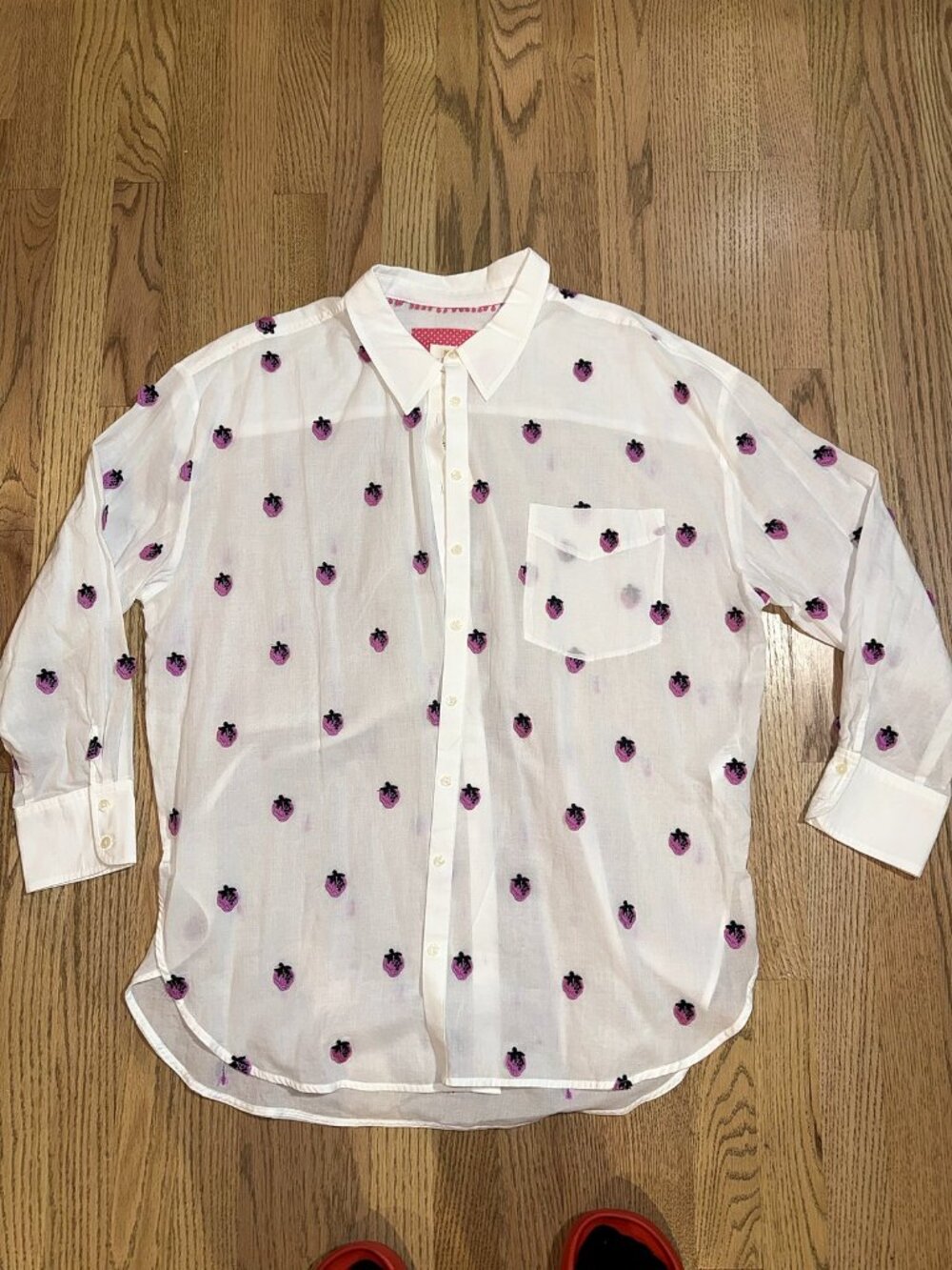 NWT Maeve Anthropologie Sheer White Button Down with Strawberry Embroidery L